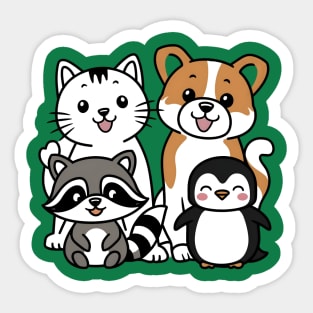 Cute and funny cat, dog, raccoon, and penguin Sticker